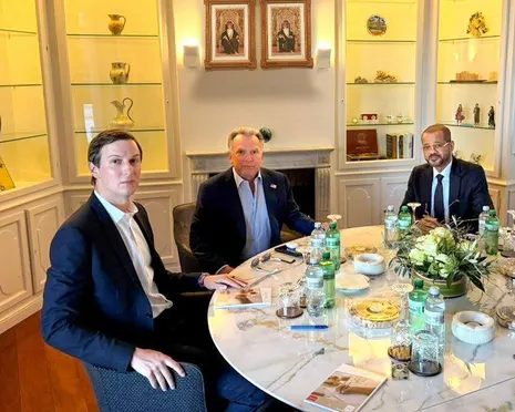 Oman's minister of foreign affairs Sayyid Badr bin Hamad Al Busaidi, right, holds a meeting with White House special envoy Steve Witkoff, centre, and Jared Kushner, as part of the ongoing Iranian-American negotiations, in Geneva.