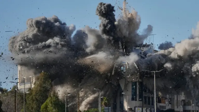 Smoke rises after an Israeli airstrike hits a building near the airport road in Beirut, Lebanon