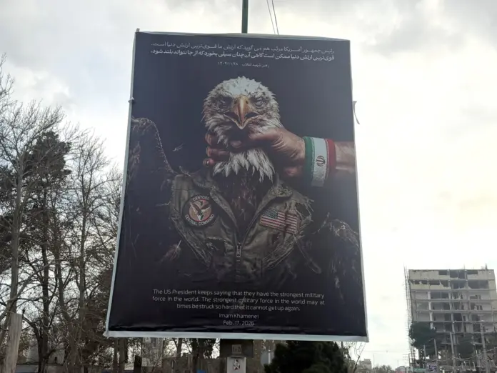 This picture taken on March 31, 2026 shows an Anti-US banner displayed in Tehran.
