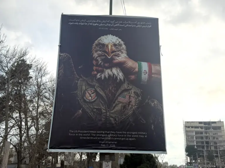 This picture taken on March 31, 2026 shows an Anti-US banner displayed in Tehran.