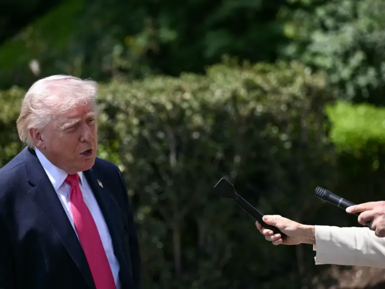 US President Donald Trump speaks to reporters before walking to board Marine One as he departs from the South Lawn of the White House in Washington, DC, on April 16, 2026.