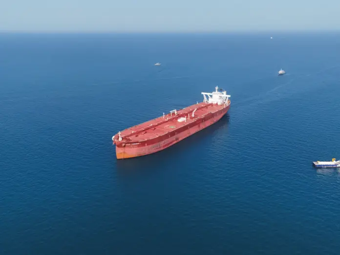 A drone view shows an oil tanker sailing.