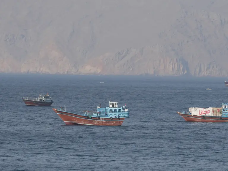 Ships and tankers in the Strait of Hormuz off the coast of Musandam, Oman