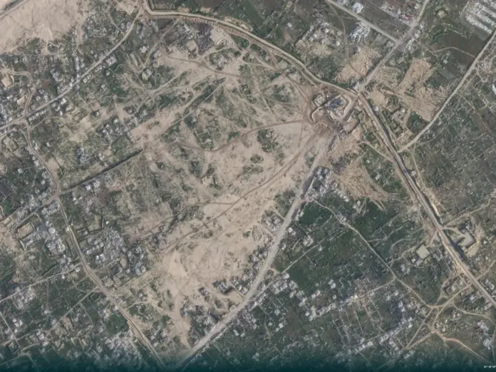 Satellite imagery comparing February 20 and March 4, 2026, shows no new construction or rubble clearance at the proposed site for the US-backed 
