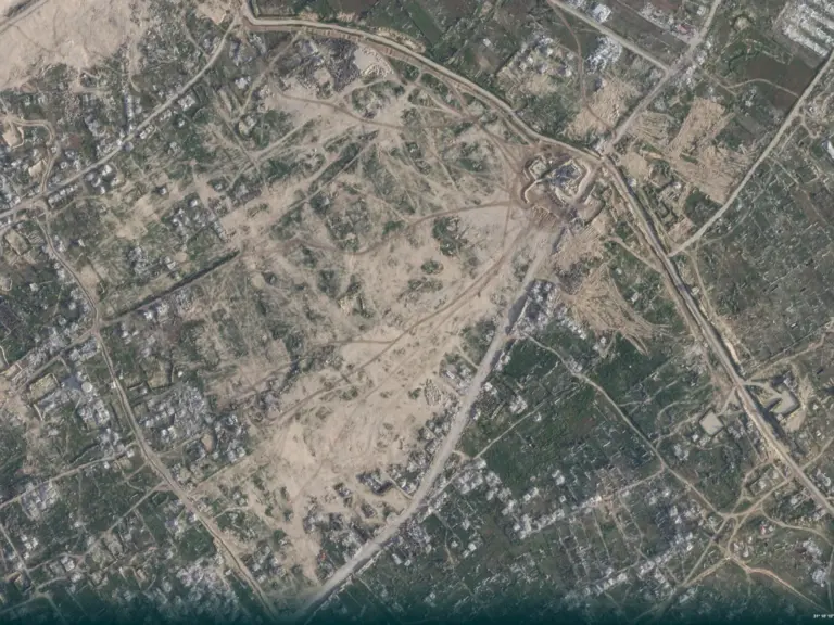 Satellite imagery comparing February 20 and March 4, 2026, shows no new construction or rubble clearance at the proposed site for the US-backed "Green City" in Rafah. [Planet Labs]