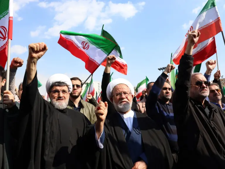 Iranians attend the funeral of Alireza Tangsiri, commander of the Iranian Revolutionary Guards' navy, alongside others killed in US-Israeli strikes on Iran at Enghelab Square in Tehran on April 1, 2026.