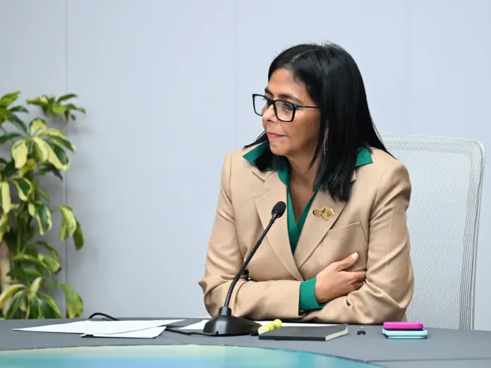 (FILES) Venezuela's interim President Delcy Rodriguez holds a meeting with the Colombian government delegation at the Miraflores Presidential Palace in Caracas on March 13, 2026.