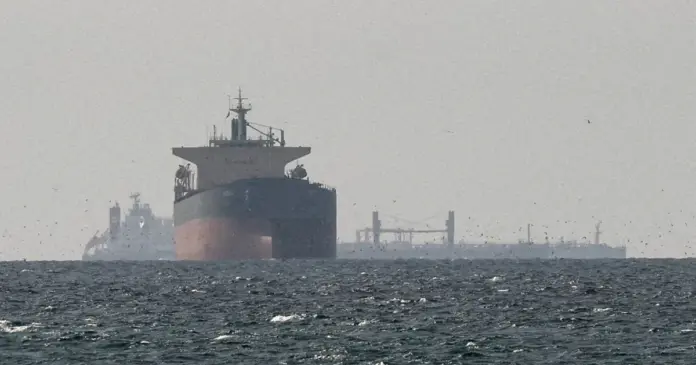 Cargo ships are seen at sea.