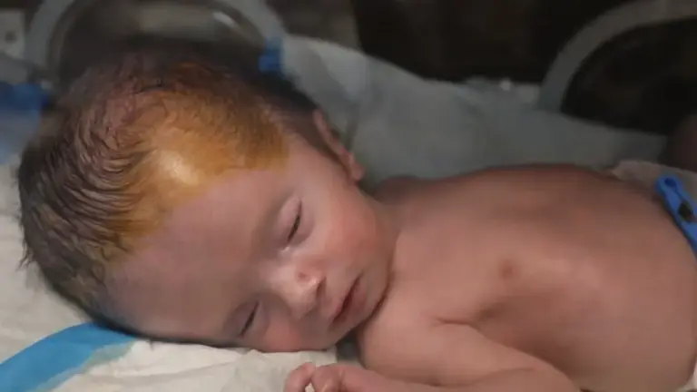 Young baby lies in a neonatal unit.