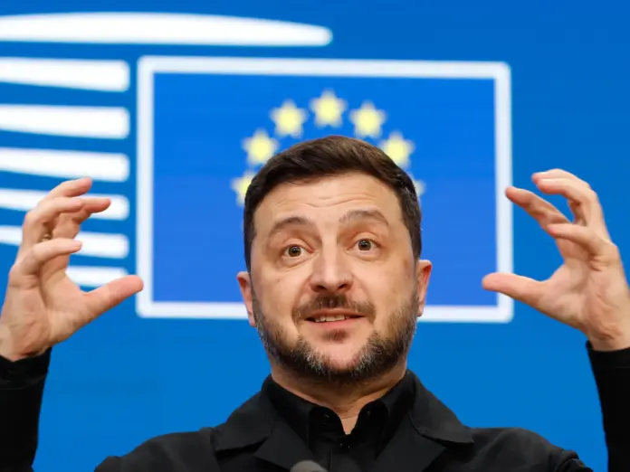 Ukraine's President Volodymyr Zelenskyy speaks during a media conference at the EU Summit in Brussels, Thursday, Dec. 18, 2025. (AP Photo/Geert Vanden Wijngaert)