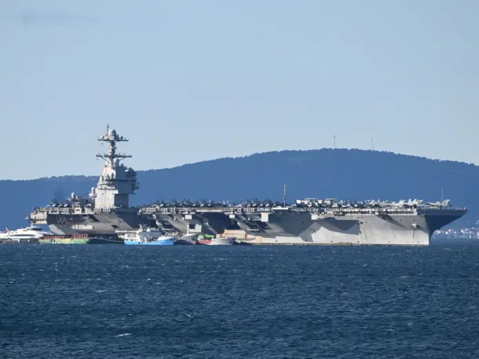 epaselect epa12858424 The US Navy aircraft carrier USS Gerald R. Ford (CVN-78) sits anchored in Split, Croatia, 29 March 2026. The ship arrived for repairs following a non-combat fire during operations in the Red Sea. The world's largest carrier, which recently supported Operation Epic Fury, transitioned to the NATO-allied port after a March 12 laundry room fire injured three sailors and damaged sleeping quarters. The vessel remains a centerpiece of US naval power, housing over 5,000 crew member
