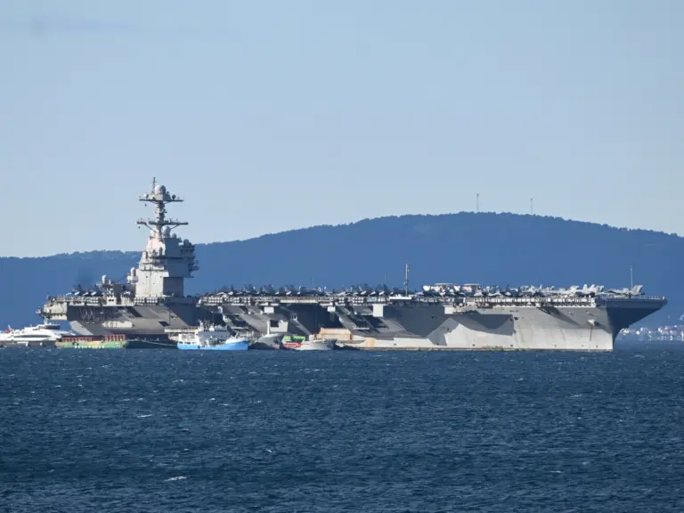epaselect epa12858424 The US Navy aircraft carrier USS Gerald R. Ford (CVN-78) sits anchored in Split, Croatia, 29 March 2026. The ship arrived for repairs following a non-combat fire during operations in the Red Sea. The world's largest carrier, which recently supported Operation Epic Fury, transitioned to the NATO-allied port after a March 12 laundry room fire injured three sailors and damaged sleeping quarters. The vessel remains a centerpiece of US naval power, housing over 5,000 crew member