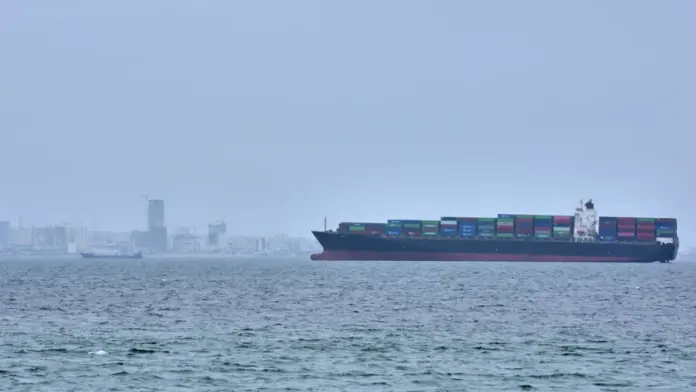 A container ship is seen in the Strait of Hormuz