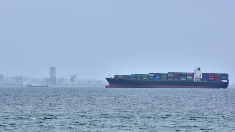 A container ship is seen in the Strait of Hormuz