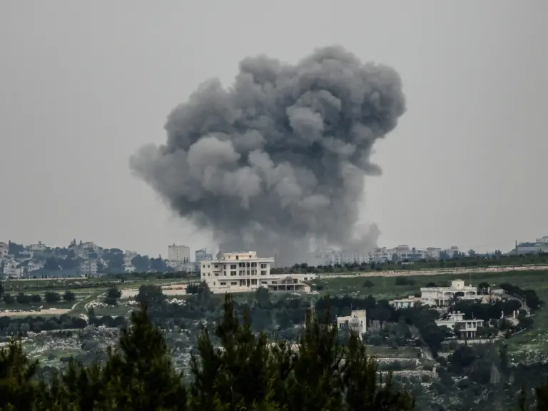 Smoke rises from targeted areas in the town of Choukîne, in Lebanon Nabatieh province following an airstrike
