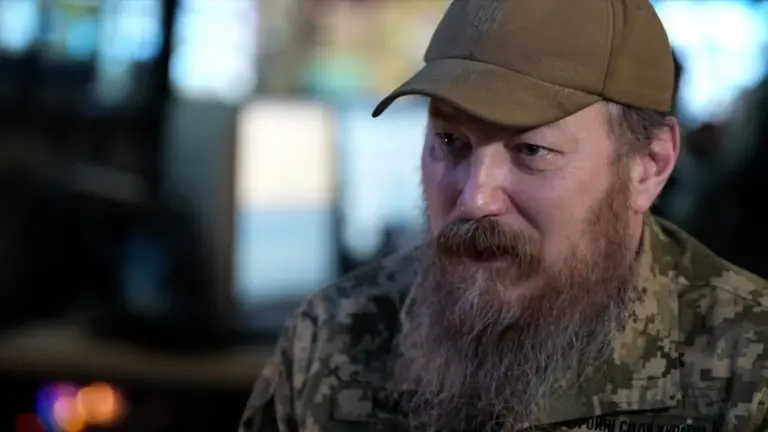 BBC/Moose Campbell Unmanned Systems Forces commander Robert Brovdi, wearing a cap and with a long beard, is pictured speaking to the BBC