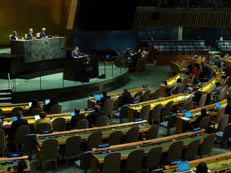 Ukraine's Deputy Minister for Foreign Affairs Mykola Tochytskyi addresses the 2022 Nuclear Non-Proliferation Treaty (NPT) review conference, in the United Nations General Assembly, Monday, Aug. 1, 2022. (AP Photo/Yuki Iwamura)