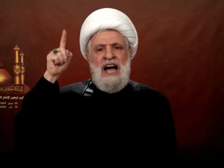 Lebanon's Hezbollah chief Naim Qassem gives a televised speech.