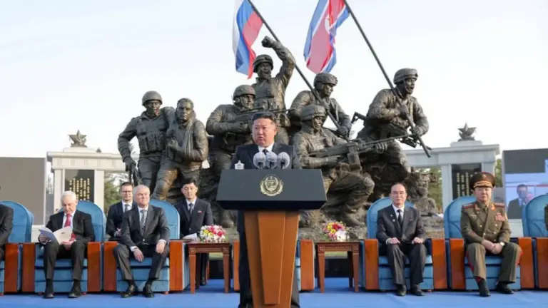 Reuters via KCNA Kim Jong Un speaks during the opening ceremony of a memorial for North Korean troops killed while fighting for Russia in the war against Ukraine