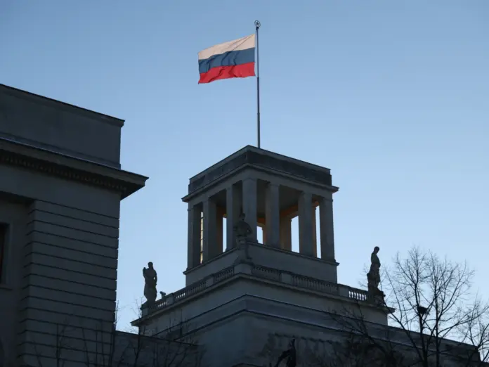 BERLIN GERMANY - JANUARY 11: The Russian flag flies over the Russian Embassy on January 11, 2026 in Berlin, Germany. Relations between Russia and Germany have declined dramatically since Russia's 2022 invasion of Ukraine. (Photo by Sean Gallup/Getty Images)