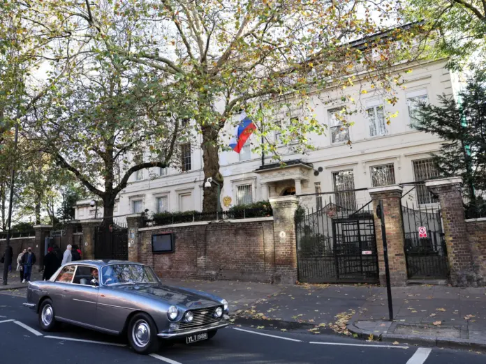 A general view shows the Russian Embassy on the day of a demonstration marking the upcoming anniversary of 1,000 Days since Russia's invasion of Ukraine, in London
