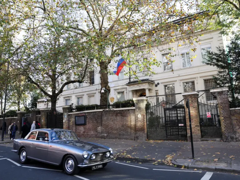 A general view shows the Russian Embassy on the day of a demonstration marking the upcoming anniversary of 1,000 Days since Russia's invasion of Ukraine, in London