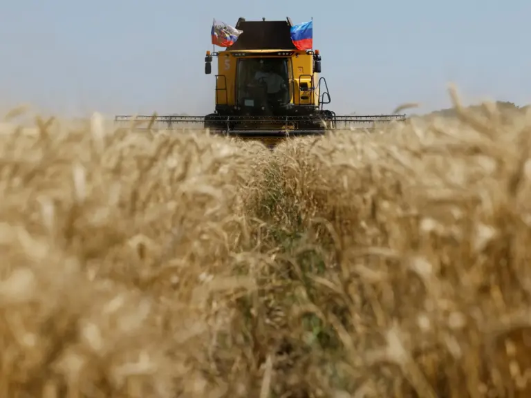 FILE PHOTO: A farmer operates a combine during the start of the wheat harvesting campaign in a field near the town of Starobilsk (Starobelsk) in the Luhansk Region, a Russian-controlled area of Ukraine, July 9, 2025. REUTERS/Alexander Ermochenko/File Photo