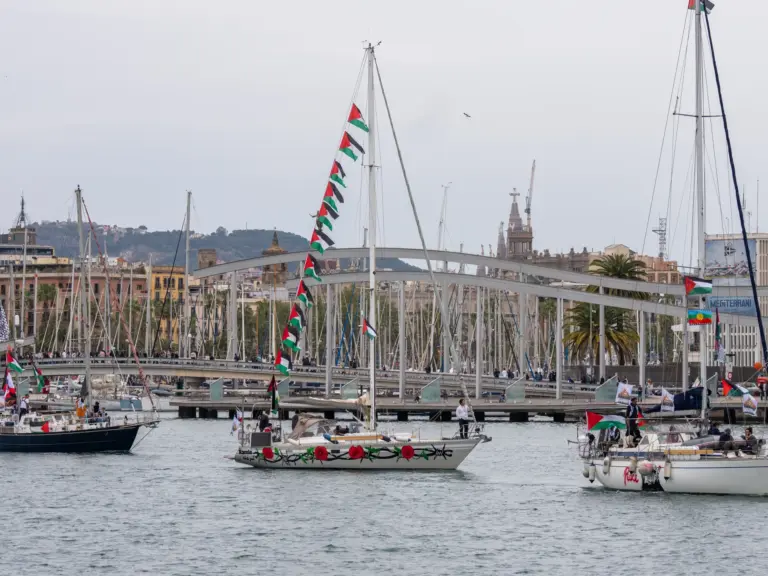 Boats carrying activists and humanitarian aid for Palestinians in Gaza reposition in the port during a symbolic send-off as part of the Global Sumud Flotilla in Barcelona, Spain on April 12, 2026.