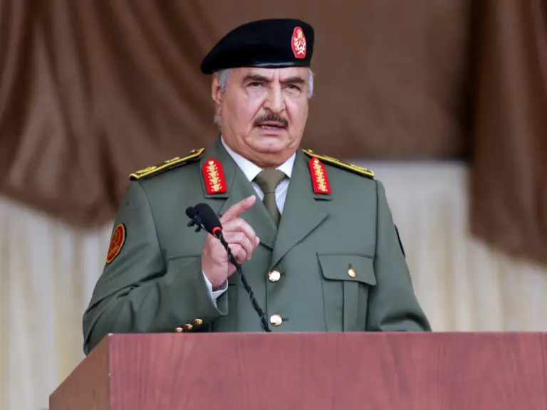 FILE PHOTO: Libyan military commander Khalifa Haftar gestures as he speaks in Benghazi, Libya December 24, 2020. REUTERS/Esam Omran Al-Fetori/File Photo