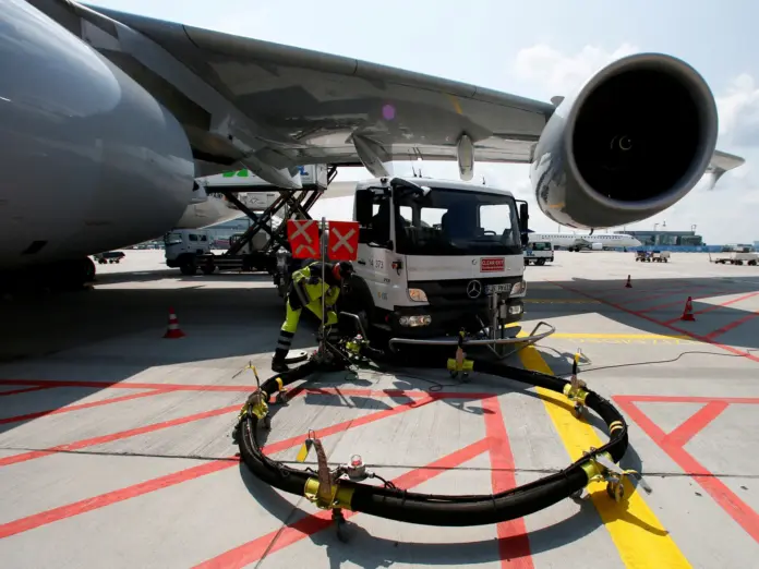 FILE PHOTO: A Lufthansa Airbus 380 is refuelled in Frankfurt airport July 12, 2013. REUTERS/Ralph Orlowski/File Photo