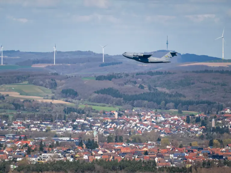 RAMSTEIN-MIESENBACH, GERMANY - APRIL 02: A Boeing C-17A globemaster III cargo plane of the U.S. Air Force takes off from Ramstein Air Base on April 02, 2026 in Ramstein-Miesenbach, Germany. Ramstein Air Base is an installation of the U.S. Air Force and is a major transit hub for U.S. troops and materiel deployed to the Middle East. While U.S. President Donald Trump has said the current U.S.-Israeli war with Iran should cease in a matter of weeks, the number of U.S. ground troops being sent to th